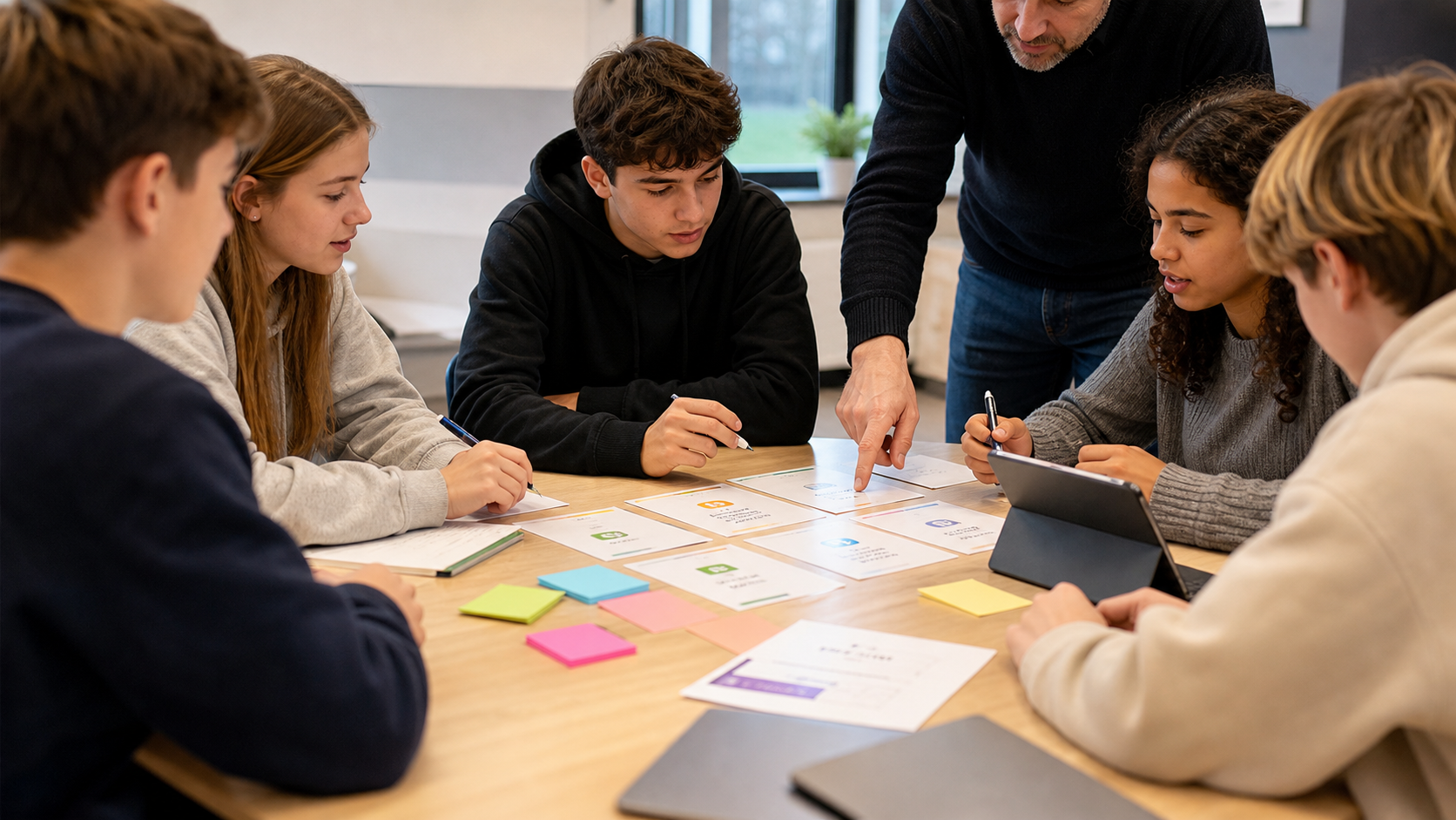 Jongeren oefenen met AI-keuzes aan tafel onder begeleiding van een trainer.