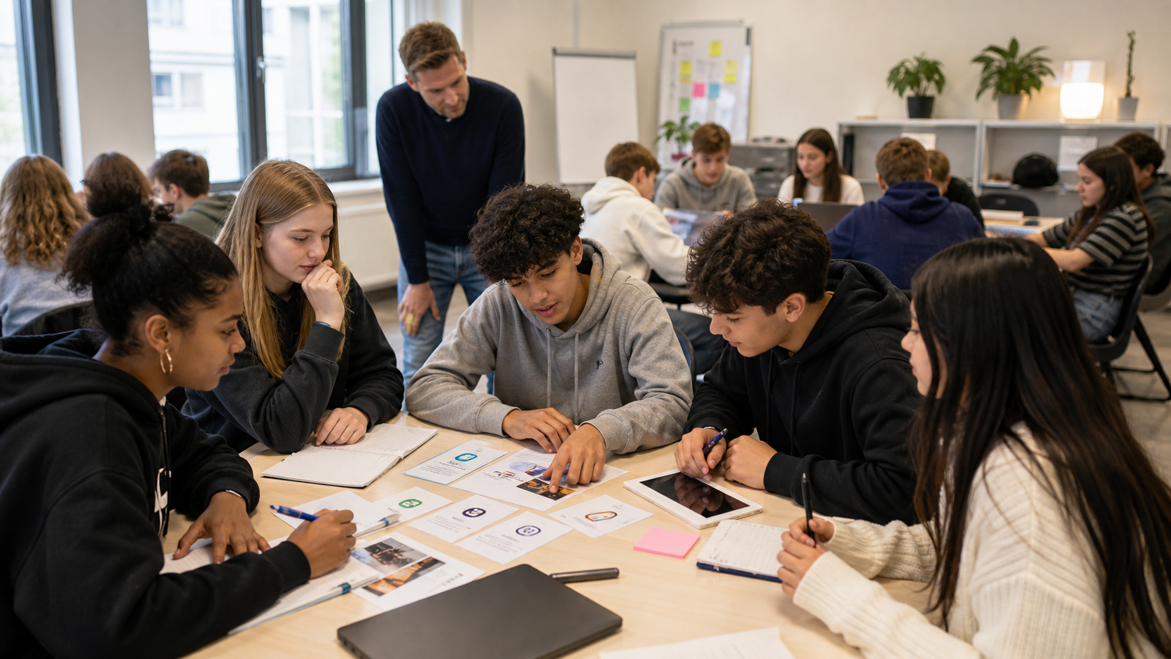 Jongeren werken in kleine groepen aan een begeleide AI-opdracht.