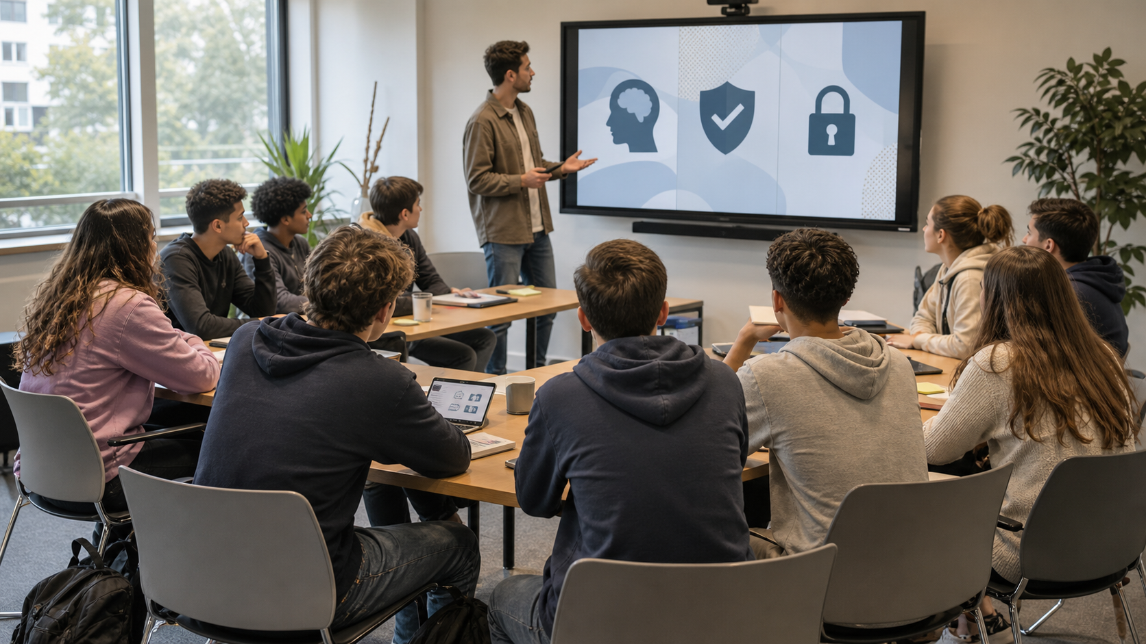 Jongeren volgen een AI-workshop met trainer en scherm in een professionele workshopruimte.